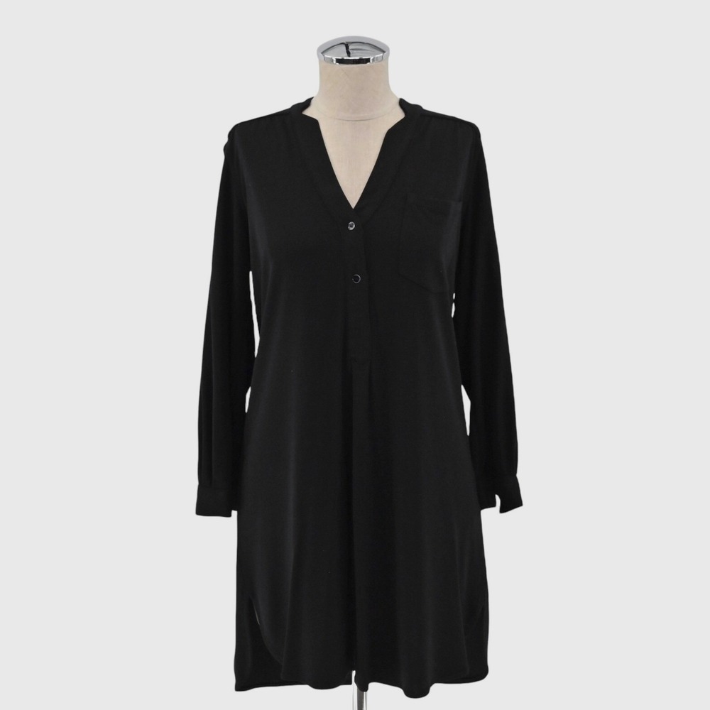ZARA‎ Shirt Dress Size S Black VNeck Whimsical Preppy Relaxed Roll Tab Sleeve